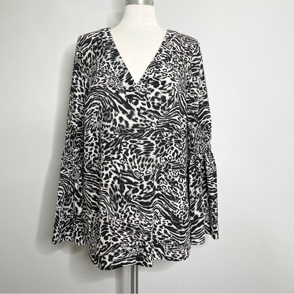 MICHAEL MICHAEL KORS Leopard Print Long Smocked Bell Sleeve Tunic Top Blouse
